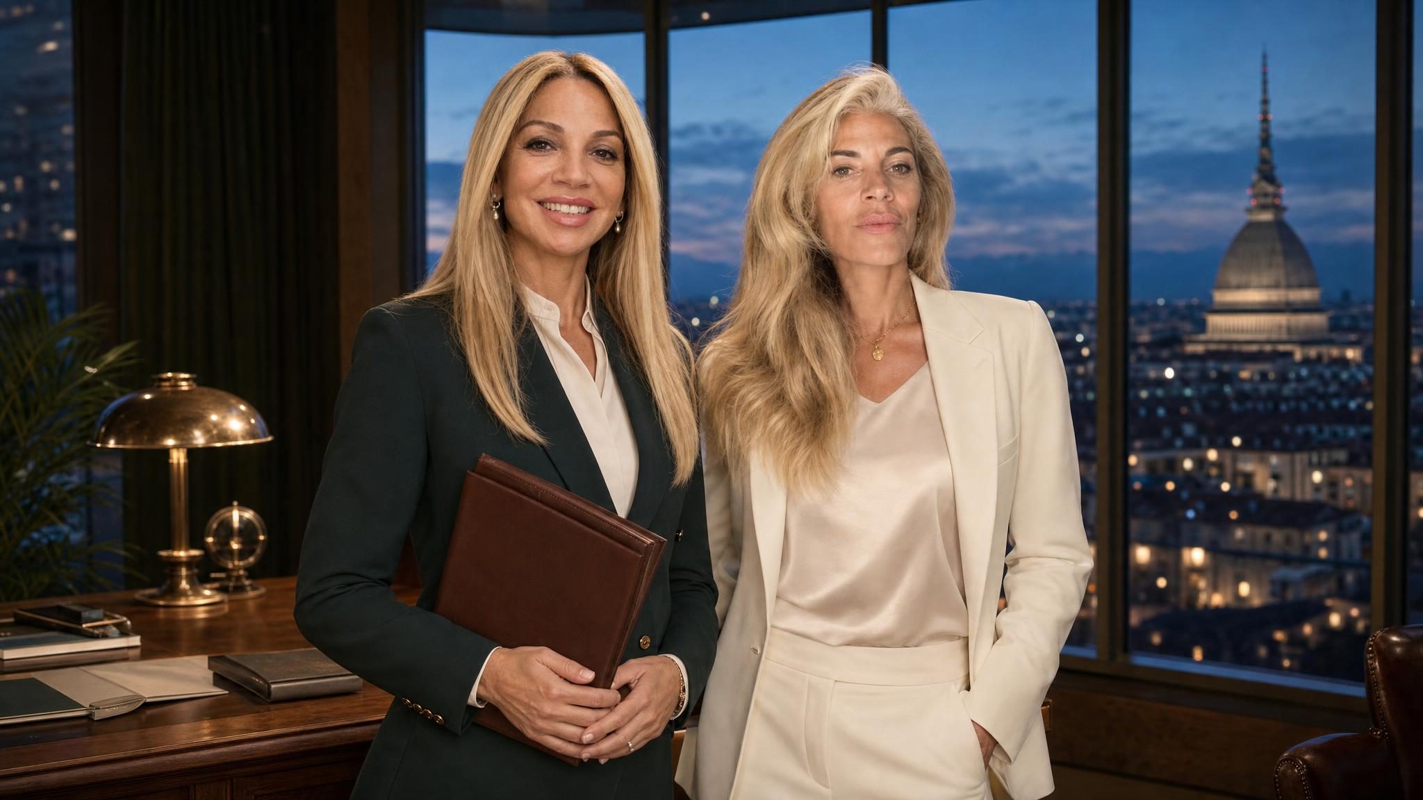 Nina e Andrea Catizone nello studio di Torino, con la Mole Antonelliana alle spalle